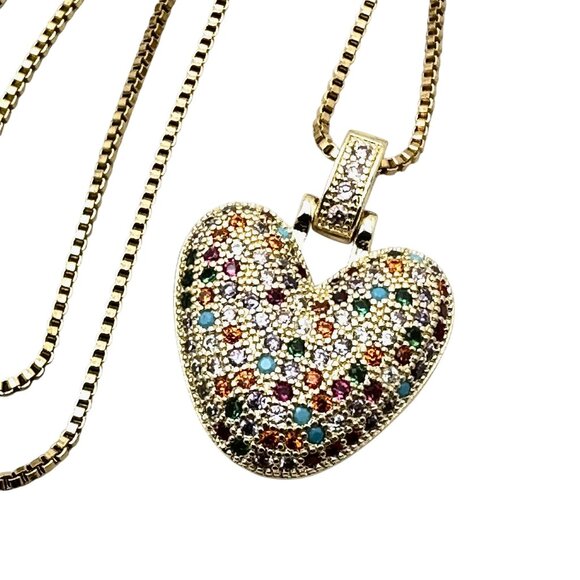 Multicolor Zircon 18K Yellow Gold Plated Heart Pendant Necklace 18 Inch Chain - Picture 1 of 5